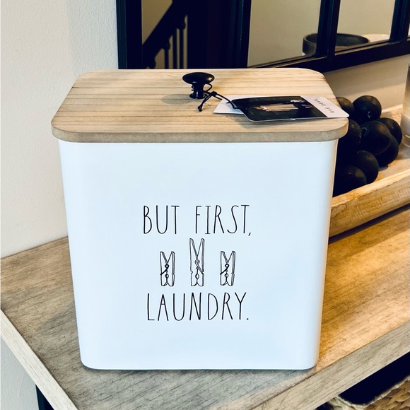 Rae Dunn Other - Rae Dunn Laundry Soap etc container tin bin BUT LAUNDRY FIRST wooden top 11” t